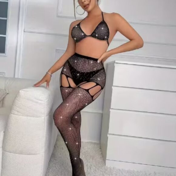 Black 2pc Bralette & Bottoms Sparkly Fishnet Bodysuit - Picture 2 of 5